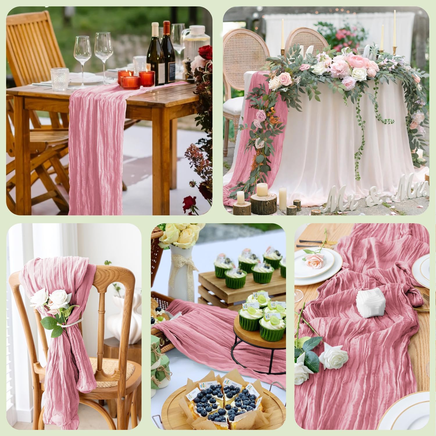 Wokceer Cheesecloth Table Runner - 10FT Pink Boho Gauze | 6-Pack Rustic Sheer Decor for Parties & Events