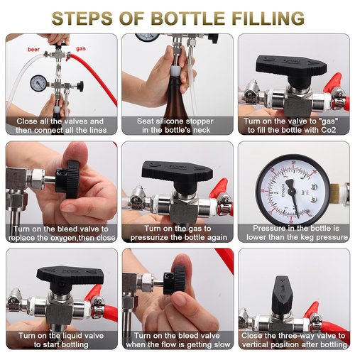 Hgkeke Counter Pressure Bottle Filler Stainless Steel Bottle Filler Counter Pressure Beer Bottling Wand 60psi CO2 Gauge 1/4 & 5/16 Barb Homebrew Beer Bottle Filler Hand Held Bottle Filler 3ft Hose