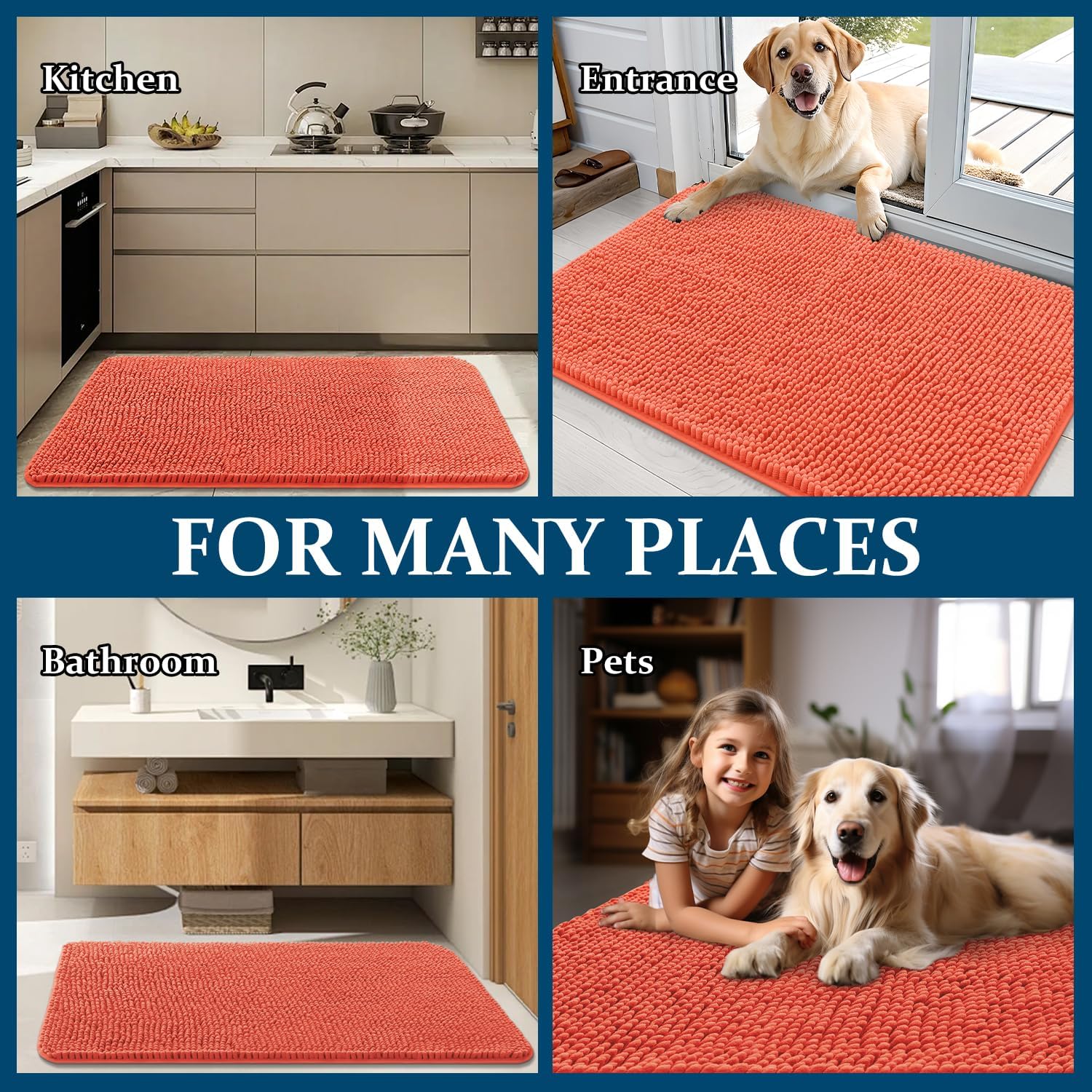 OLANLY Dog Door Mat - Absorbent Non-Slip Washable Chenille Mat for Muddy Paws | 54x24 Coral