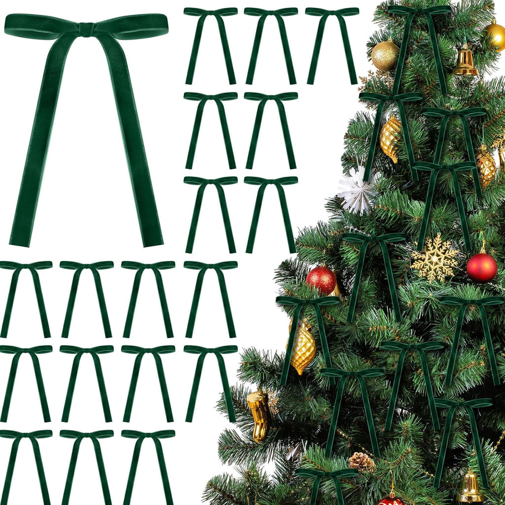 Skiennix Velvet Bows - 24 Pcs Vintage Ribbon Bows for Christmas Tree & Crafts | Dark Green, 5 x 7 Inch