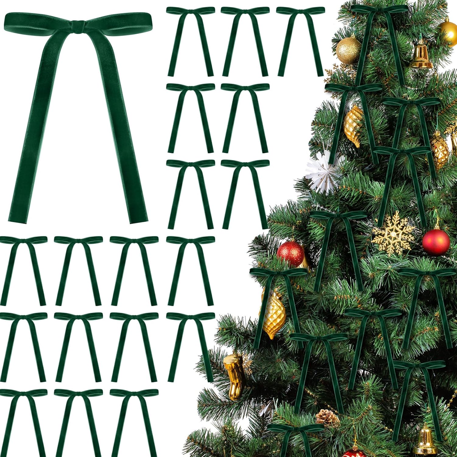 Skiennix Velvet Bows - 24 Pcs Vintage Ribbon Bows for Christmas Tree & Crafts | Dark Green, 5 x 7 Inch