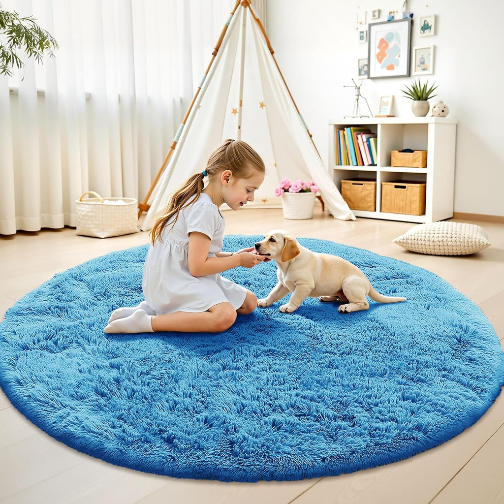 OLANLY Bright Blue Round Rug - Soft, Fluffy Shaggy Carpet, 6 ft Circle for Bedroom & Living Room Decor