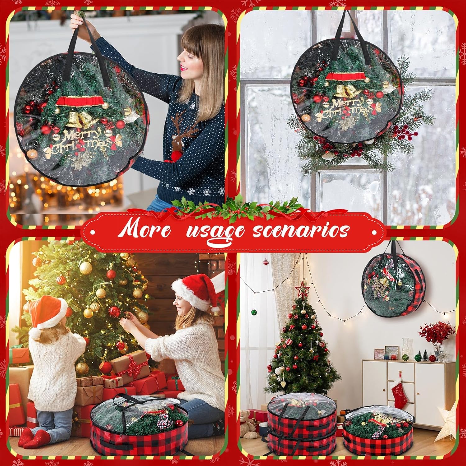 Shappy Christmas Wreath Storage Bag - 4 Pcs with Clear Window & Handles | Red Black, 24 Inch