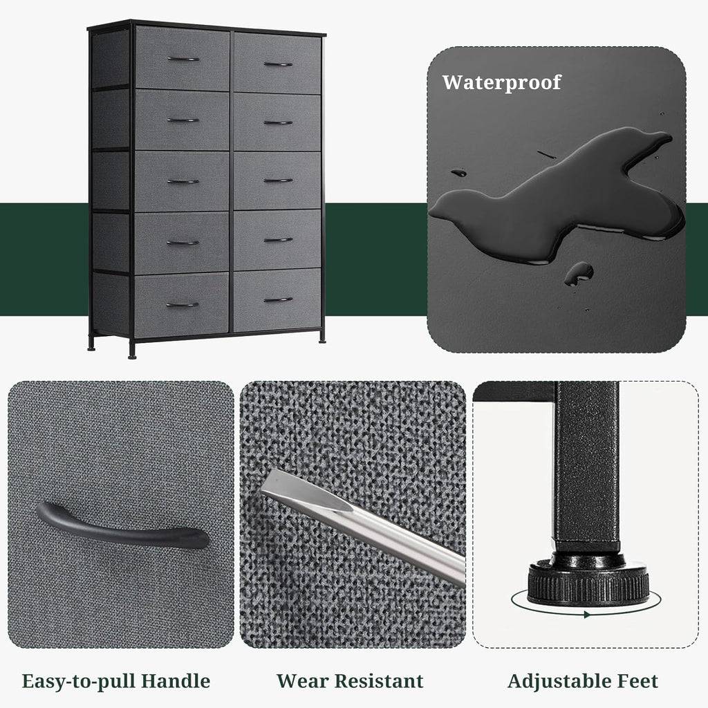 Skiennix 10-Drawer Dresser - Anti-Tip Tall Storage Organizer with Wooden Top & Metal Frame | Gray