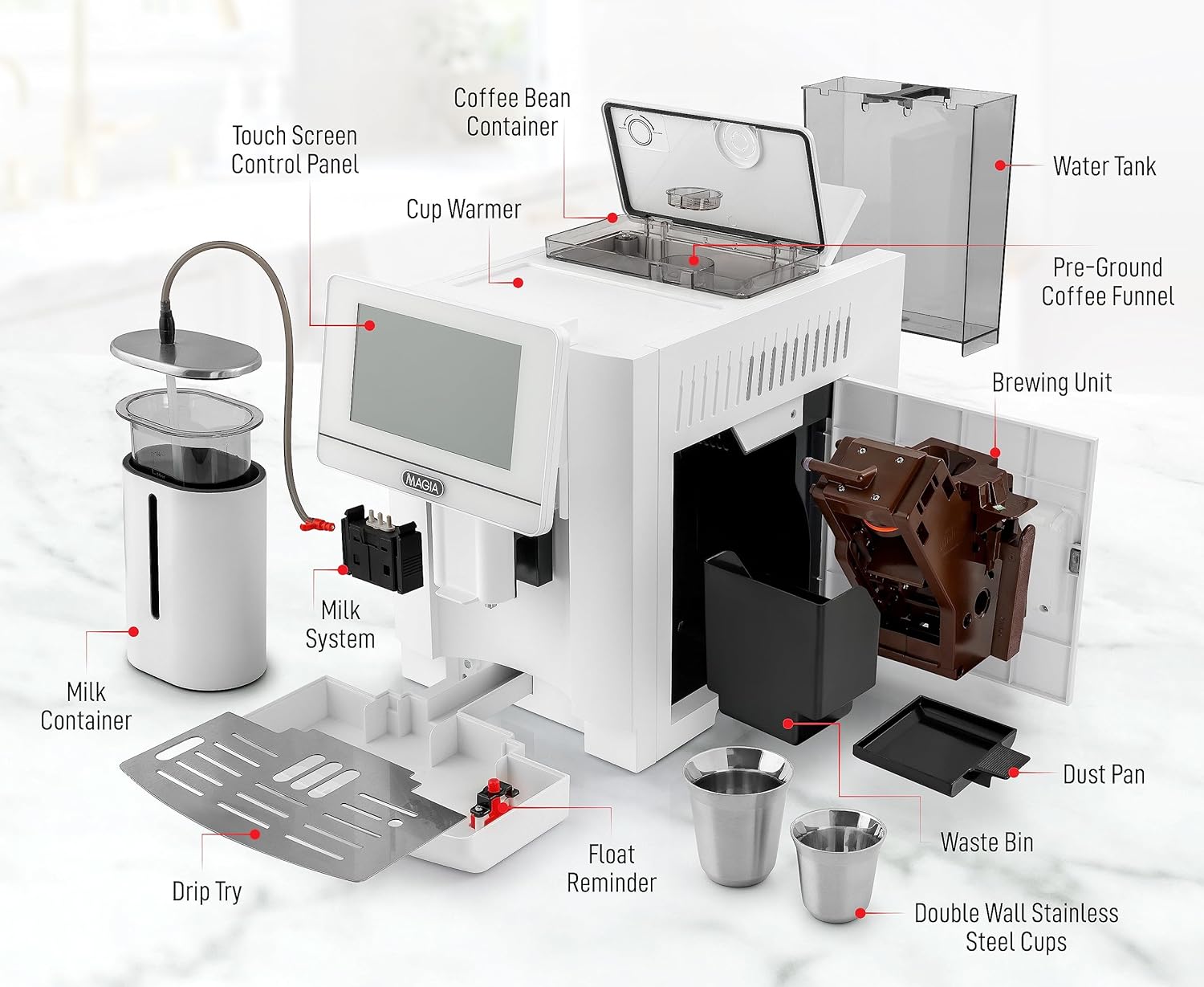 Zulay Magia Fully Automatic Espresso Machine - 19 Customizable Coffee Options | Includes Insulated Milk Container & Deluxe Cups - Auto-Cleaning - OG White
