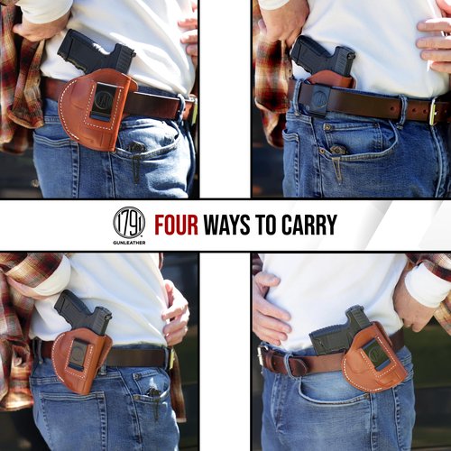 1791 GunLeather 4-Way G43 Holster - OWB and IWB CCW - Right Handed Leather Gun Holster - Fits Glock 43 (G43), Glock 42 (G42), Kahr CW380 and S&W Bodyguard