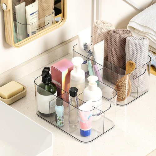 5-Compartment Clear Plastic Bin | Versatile Organizer for Art Supplies & Makeup - Ideal for Home & Office