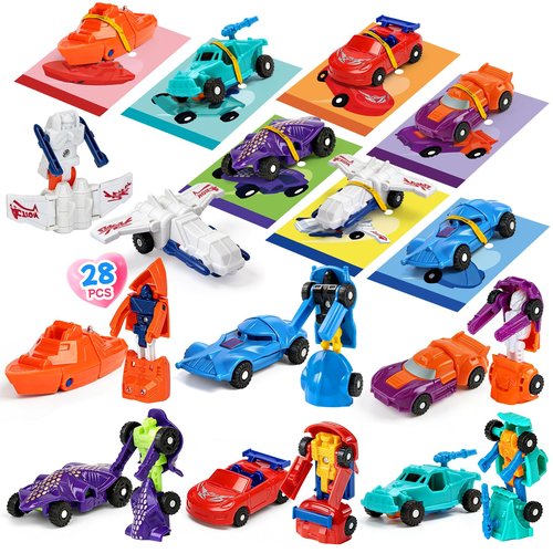 28-Pack Party Favor Gift Mini Transforming Robot Car Toys Bulk with Cards for Kids Transformer Vehicle Toys Party Favors School Classroom Gifts Exchange Goodie Bag Stuffers for Boys and Girls