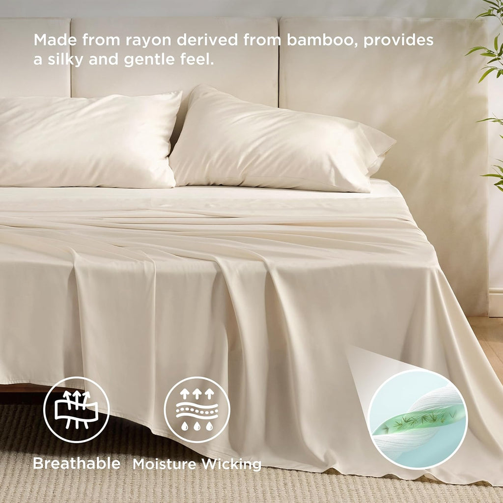 Bedsure Cooling Bed Sheets - Rayon from Bamboo, Breathable & Soft | Full Size, Deep Pocket Up to 16 Inches, Light Beige