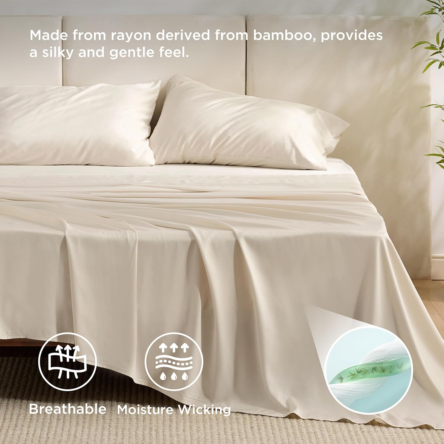 Bedsure Cooling Bed Sheets - Rayon from Bamboo, Breathable & Soft | Full Size, Deep Pocket Up to 16 Inches, Light Beige