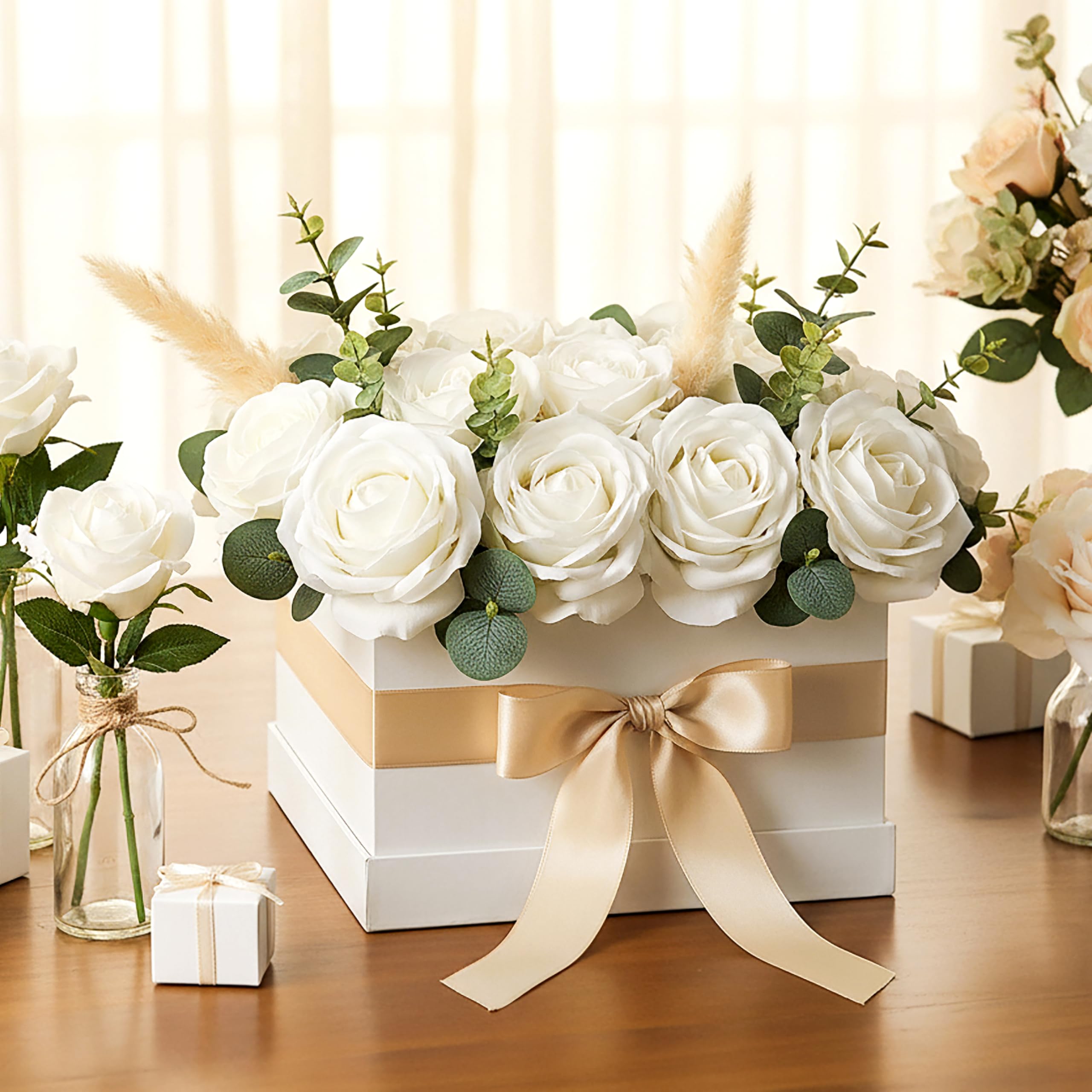 Auihiay 14PCS White Roses Artificial Flowers, Velvet Silk Faux Roses with Long Stems for Mother's Day, Wedding Centerpieces, Anniversary, Party, Home Decoration & DIY Floral Arrangement
