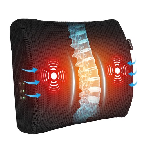 Beleduc Lumbar Support Pillow for Office Chair - Heated Back Support Pillow with Vibration Massage, Ergonomic Back Massager for Chair, Adjustable Vibration, 2 Heat Levels, Gifts