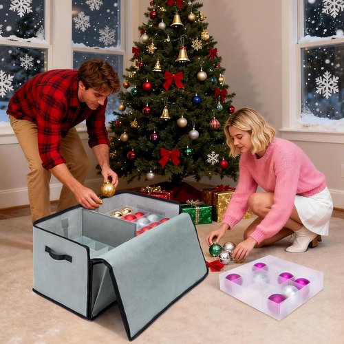 BALEINE Christmas Ornament Storage Box - Premium Holiday Container with Dividers for 128 Balls | Red Soft Design