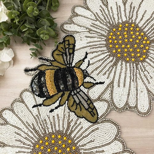 Handmade Beaded Table Runner - Bee on Flower Design, Vibrant Spring-Themed Beaded Runner, 13x36 Inches