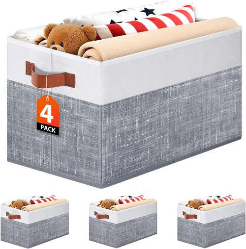 Fab Totes Collapsible Storage Baskets - 4 Pack Foldable Fabric Bins with Leather Handles | 14"x10" for Organizing Books & Clothes in White & Grey