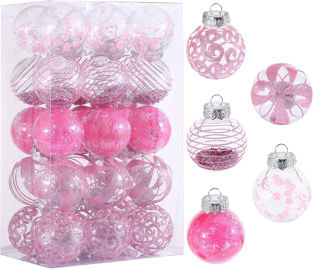 Skiennix Christmas Ornaments Set - 30pcs Clear Pink Shatterproof Baubles for Holiday Decor | 60MM Size
