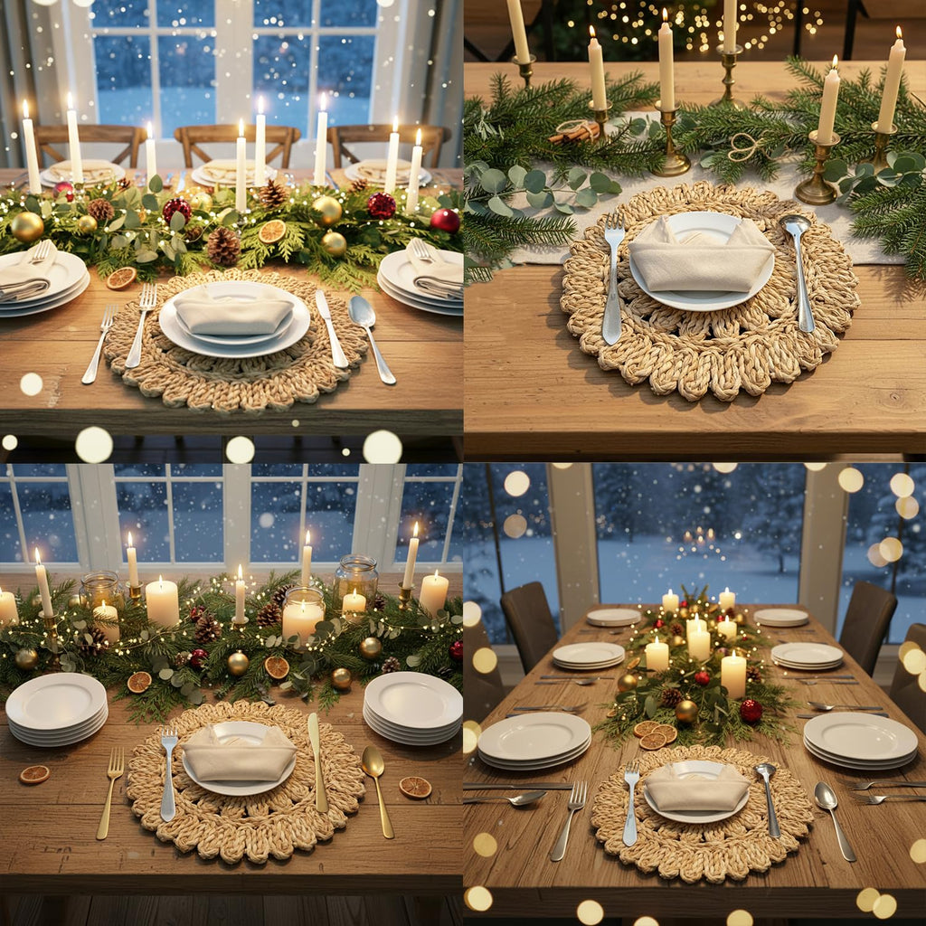 DELAQIKO 13.8" Round Corn Husk Placemats | Boho Woven Rattan Table Mats | Natural Spring Farmhouse Plate Chargers | Handmade Rustic Wicker Place Mats for Christmas Wedding (Set of 6)
