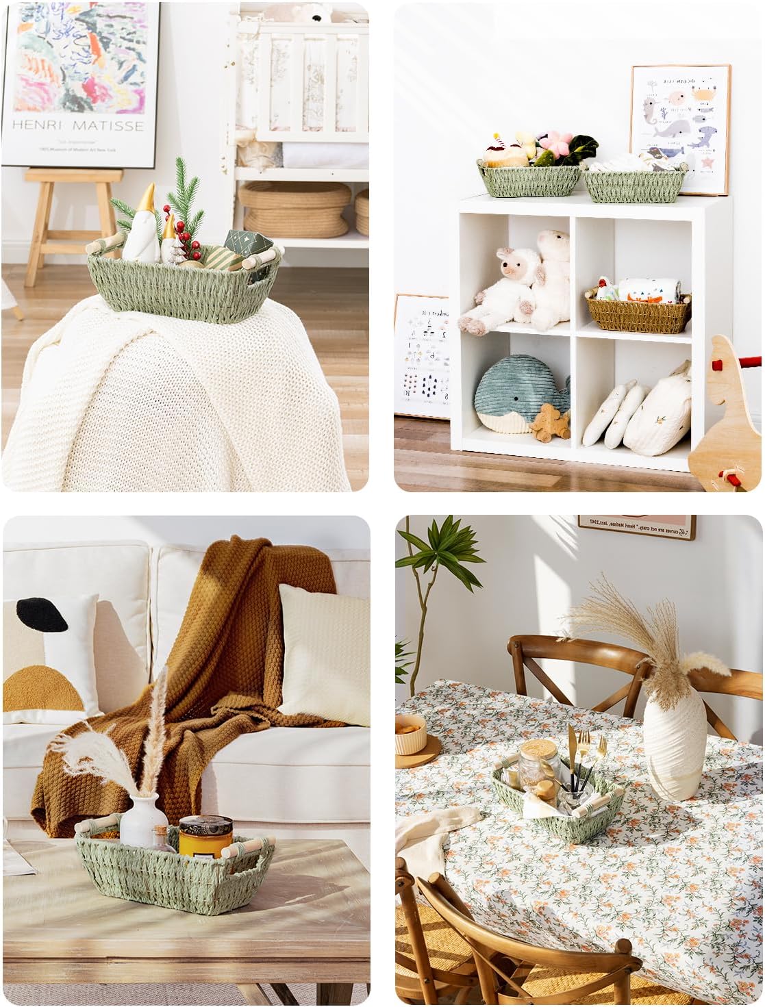 StorageWorks Round Woven Basket Set - Paper Rope with Wooden Handles | Bosana Green, 2-Pack