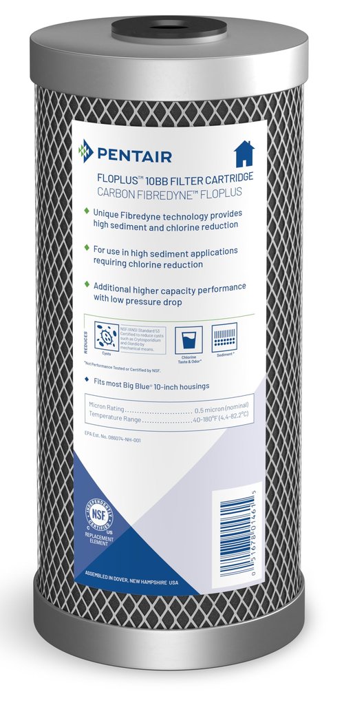 Pentair Pentek FloPlus-10BB Big Blue Carbon Water Filter, 10-Inch, Whole House Modified Molded Carbon Block Replacement Cartridge, 10" x 4.5", 0.5 Micron