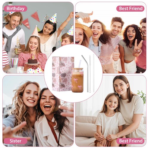 GLECTG Cute Pink Bow Glass Cups with Lids & Straws, Aesthetic Iced Coffee Cup, Girly Preppy Design Tumbler Mug, Birthday Valentine Gifts for Women, Teen Girl Gifts Trendy Stuff