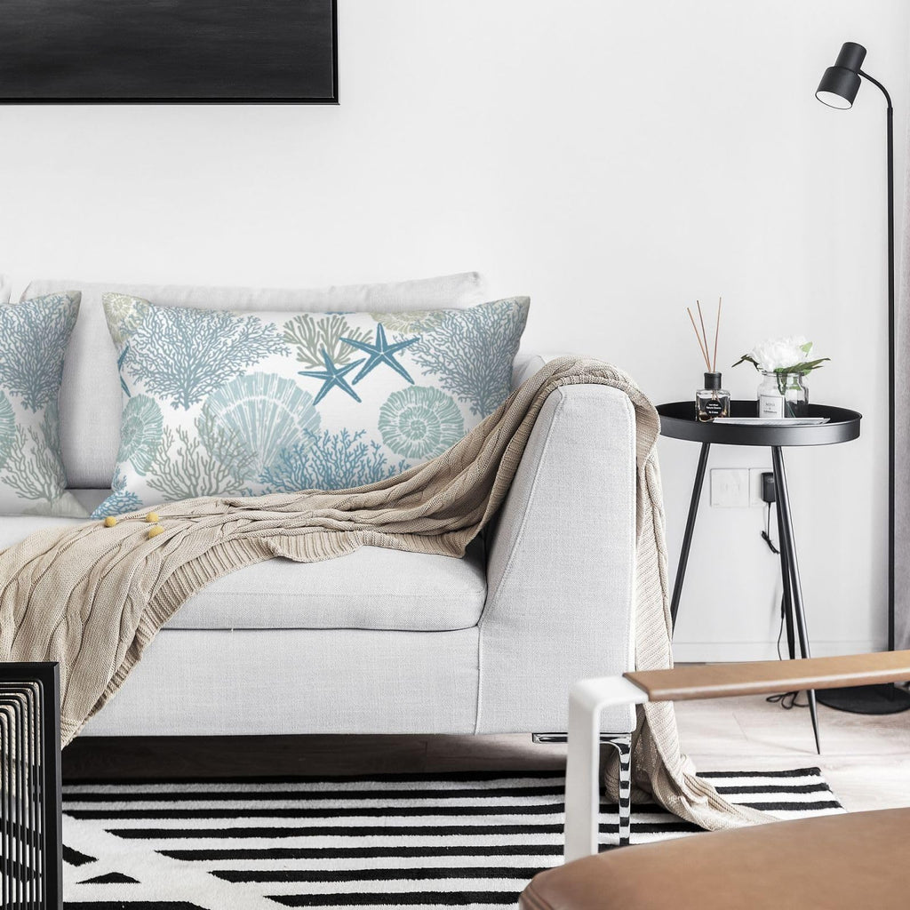 Tebjh Nautical Coastal Throw Pillow Covers 12x20 Set of 2, Beach Themed Ocean Seashell Coral Starfish Couch Lumbar Pillow Cover Outdoor Sofa Cushion Cover for Bedroom Living Room