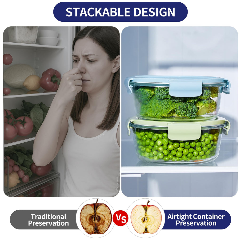 Wancilock 8 Pcs Round Glass Containers with Lids Airtight 4 Cup Glass Storage Containers Set Meal Prep Containers for Soup Leftover Microwave, Dishwasher, and Freezer Safe(4 Sets