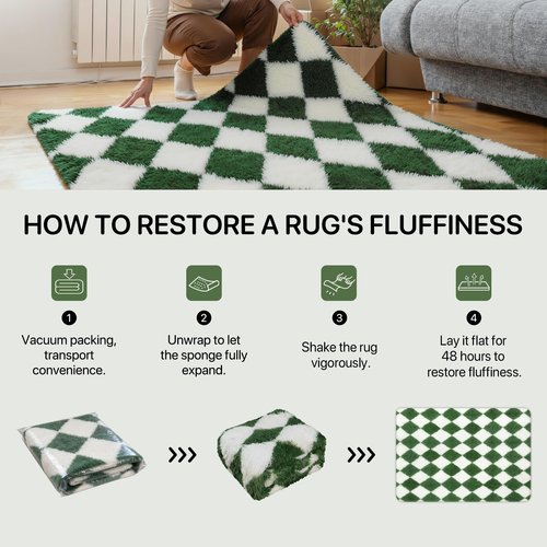 GENIMO Checkered Rug 5x7 Area Rugs for Kids Bedroom Soft Shag Rug Fluffy Fuzzy Carpet Plush Rugs for Living Room Nursery Playroom Dorm Modern Home Decor Aesthetic, Green and White