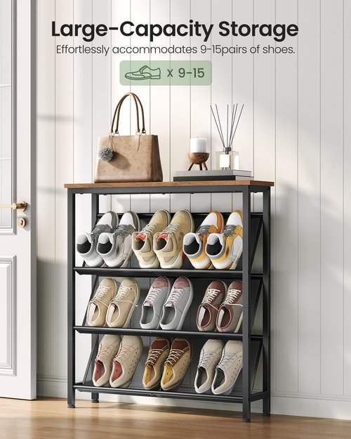 CHOEZON Shoe Rack, 4-Tier Slanted Shoe Storage Shelf, Narrow Shoe Rack for Entryway, Shoe Organizer with Adjustable Feet, Slim Shoe Shelf with Wooden Top and Metal Frame Rustic Brown and Black TXJ75BF