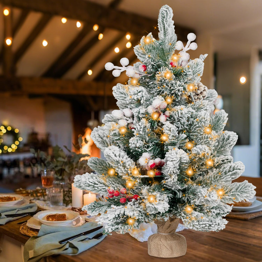 RIDGEPOLE 2FT Pre-lit Mini Christmas Snow Flocked Tree,Tabletop Artificial Christmas Tree with LED Lights, Small Xmas Pine Tree with Cloth Bag Base for Christmas Decor,12 PCS Berry & 8 Pinecones