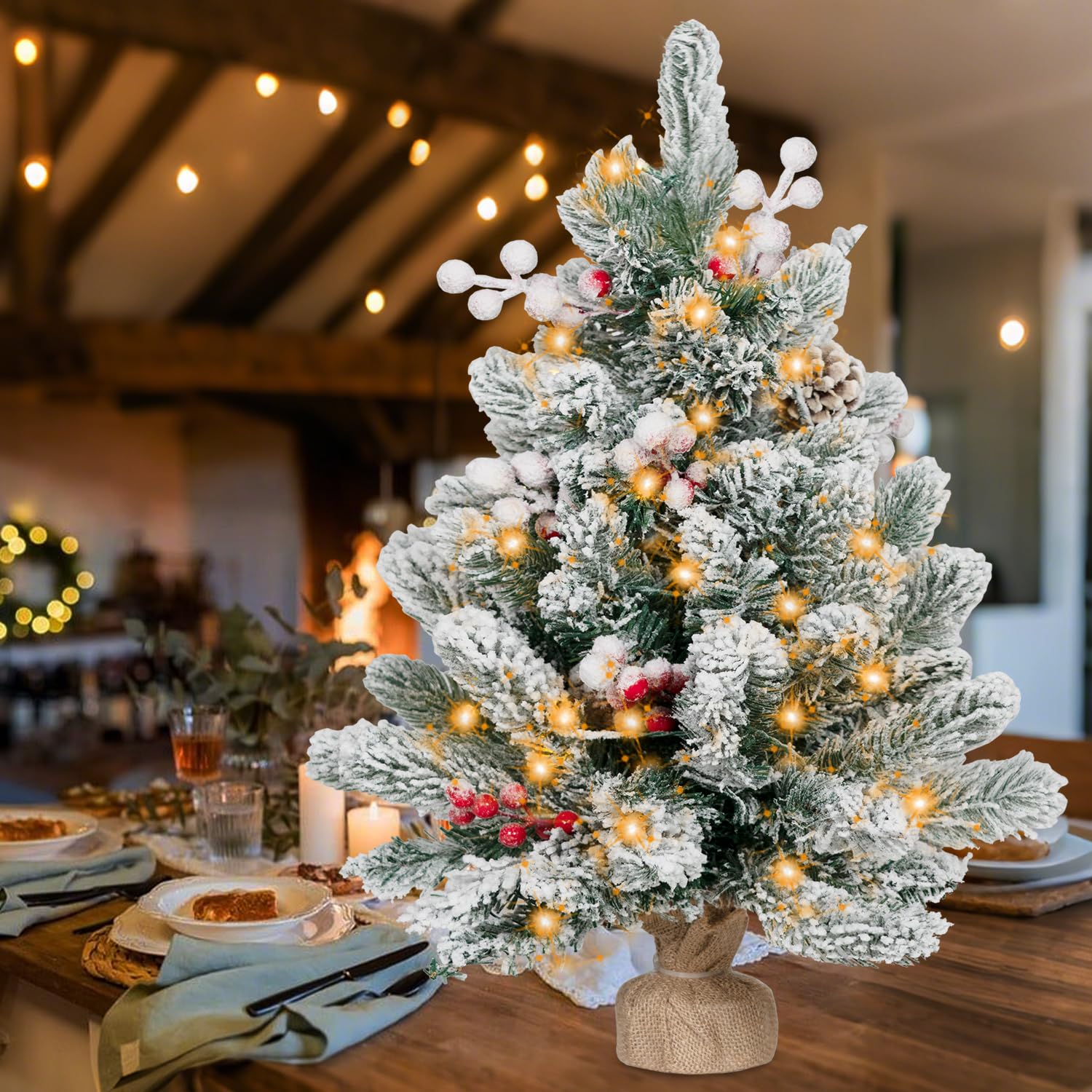 RIDGEPOLE 2FT Pre-lit Mini Christmas Snow Flocked Tree,Tabletop Artificial Christmas Tree with LED Lights, Small Xmas Pine Tree with Cloth Bag Base for Christmas Decor,12 PCS Berry & 8 Pinecones