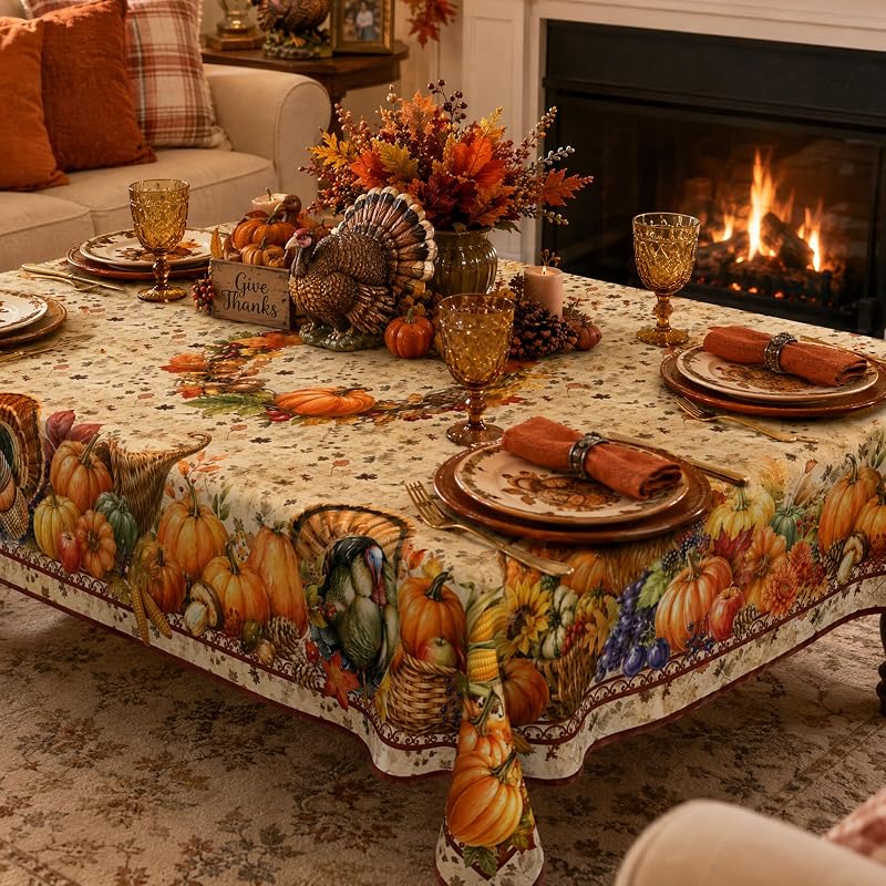 Thanksgiving 54x54 Inch Square Tablecloth – Vintage Harvest Border, Waterproof Spun Polyester