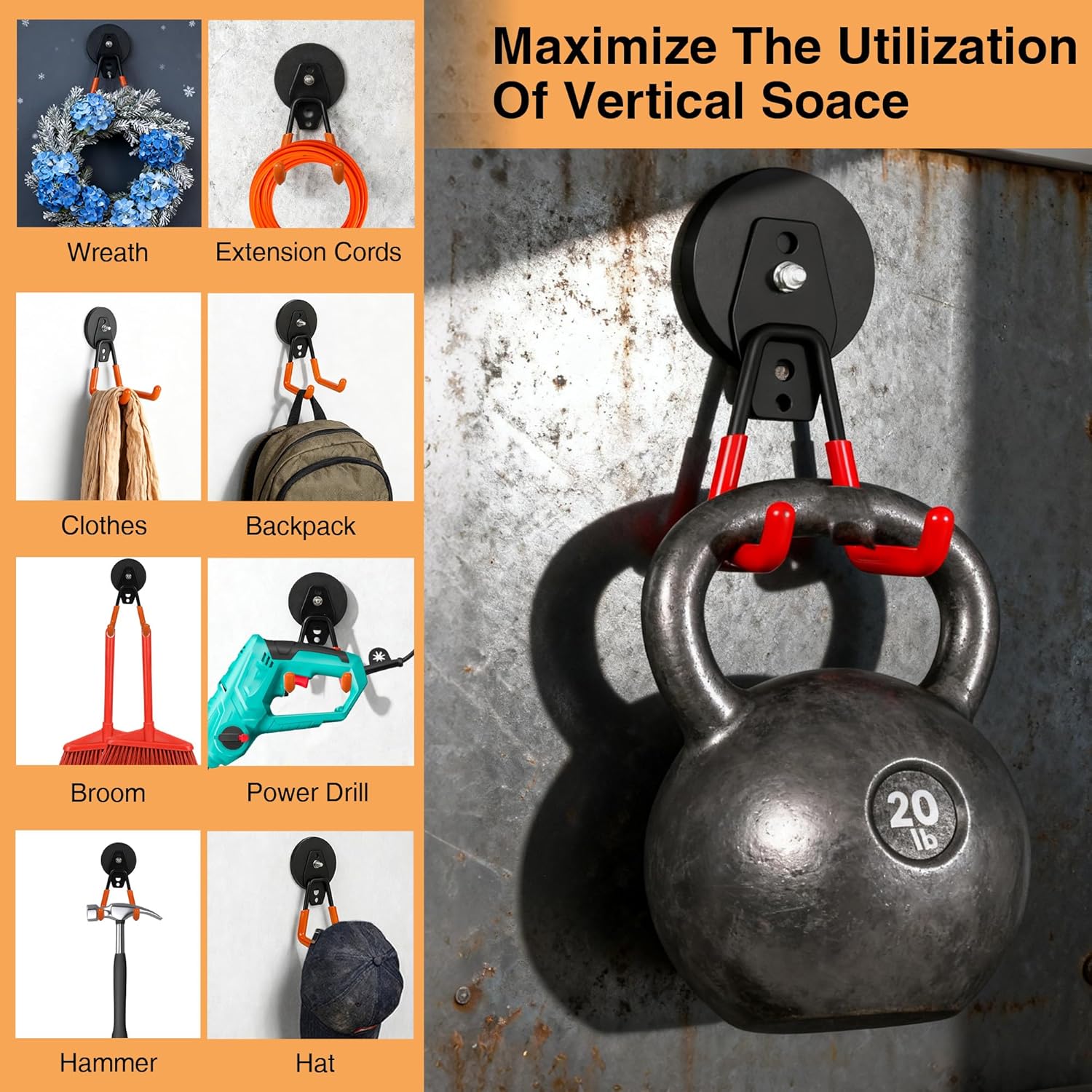 Skiennix Heavy Duty Magnet Hooks - No Damage Rubber Coated Design | 4 Pack in Orange & Black