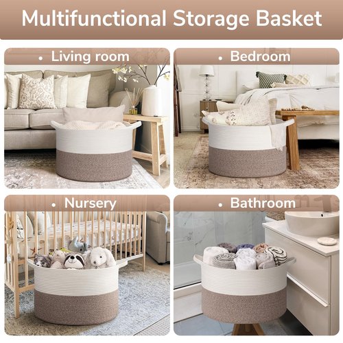 Goodpick Blanket Basket Living Room, 19.7"x19.7"x12.6" Cotton Rope Toy Basket for Blankets, Woven Baskets for Storage, Toy Storage