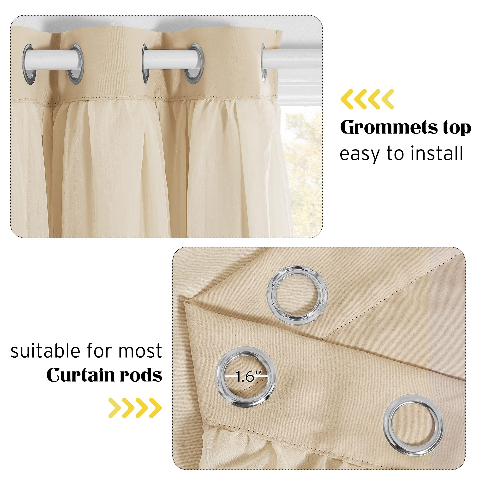 NICETOWN Bedroom Nursery Biscotti Beige Curtains Double-Layered Sheer & Blackout Panels with Free Tie-Backs, Home Decor Window Drapes for Kids (2 Panels, 52 inches Wide x 72 inches Long)