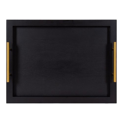 Kate and Laurel Halsey Rectangle Decorative Wooden Tray with Polished Metal Handles; 17 x 13; Black and Gold; Modern Glam Wood Rectangular Serving Tray for Display or Decoration