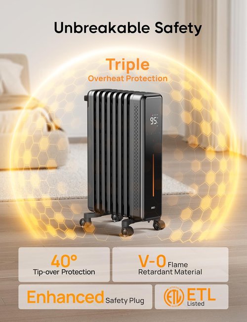 DREO Oil Filled Radiator Heater - 1500W Electric Heater with Remote & Digital Thermostat | 8 Fins for Large Rooms