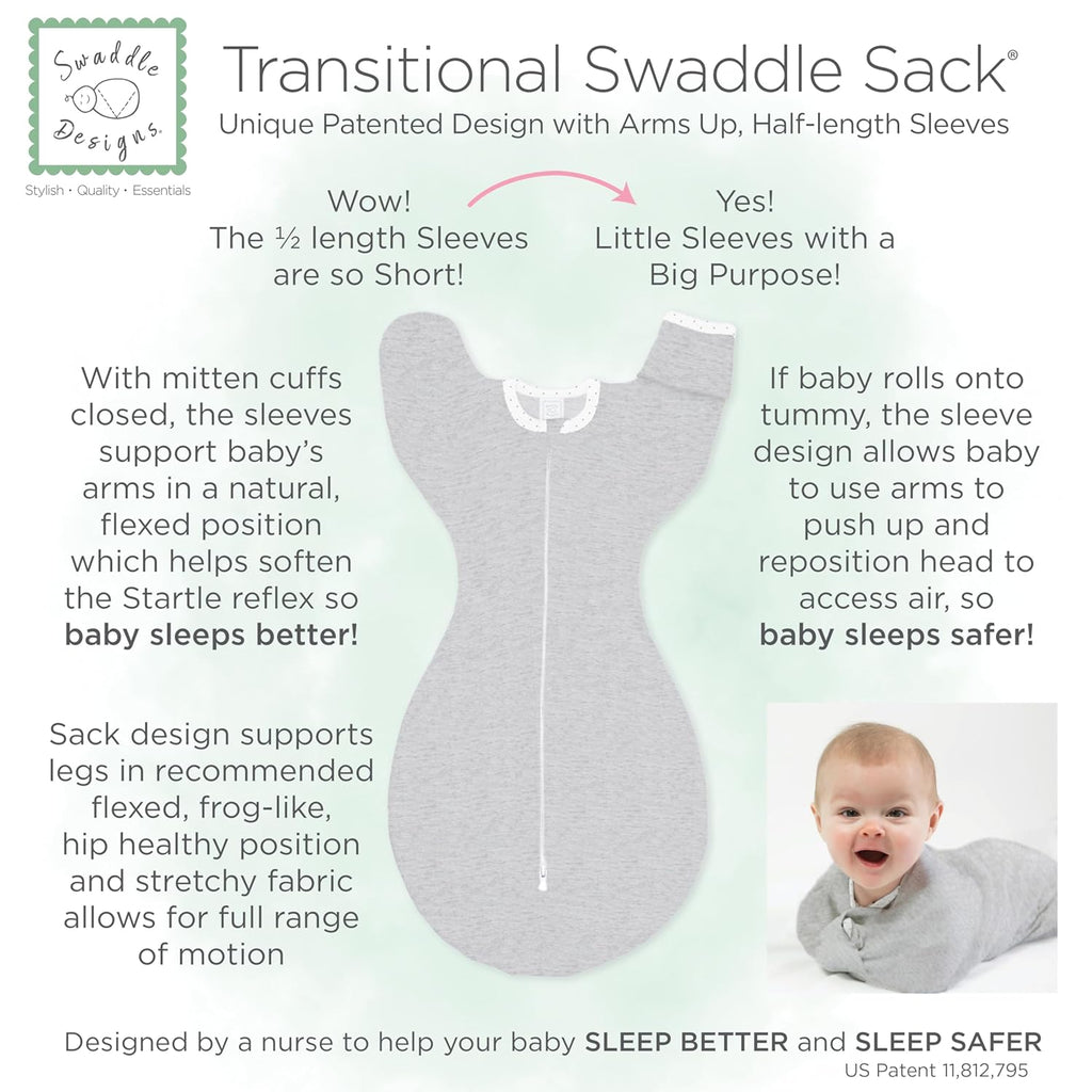 SwaddleDesigns Transitional Swaddle Sack - Arms Up Half-Length Sleeves & Mitten Cuffs | Medium 3-6 Months, 14-21 lb, Heathered Denim