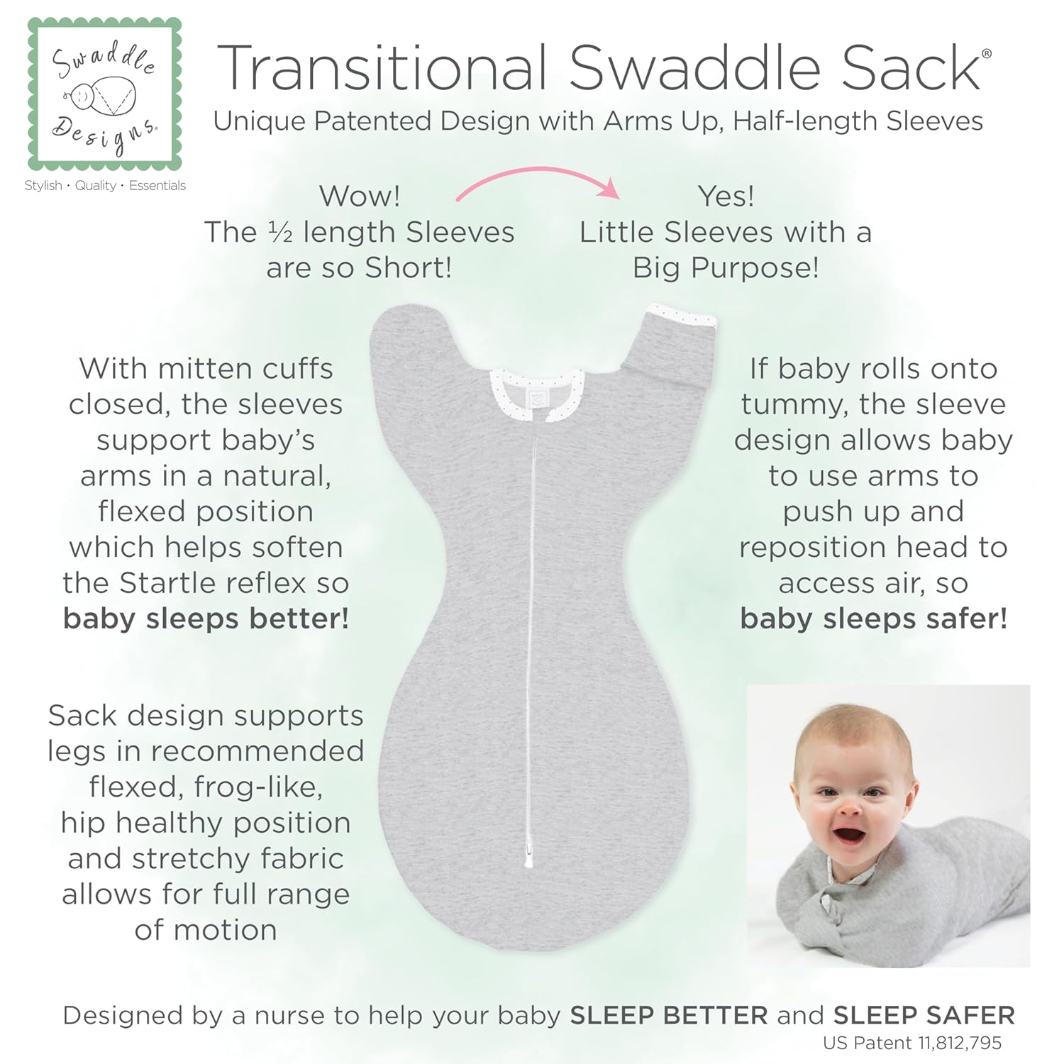 SwaddleDesigns Transitional Swaddle Sack - Arms Up Half-Length Sleeves & Mitten Cuffs | Medium 3-6 Months, 14-21 lb, Heathered Denim