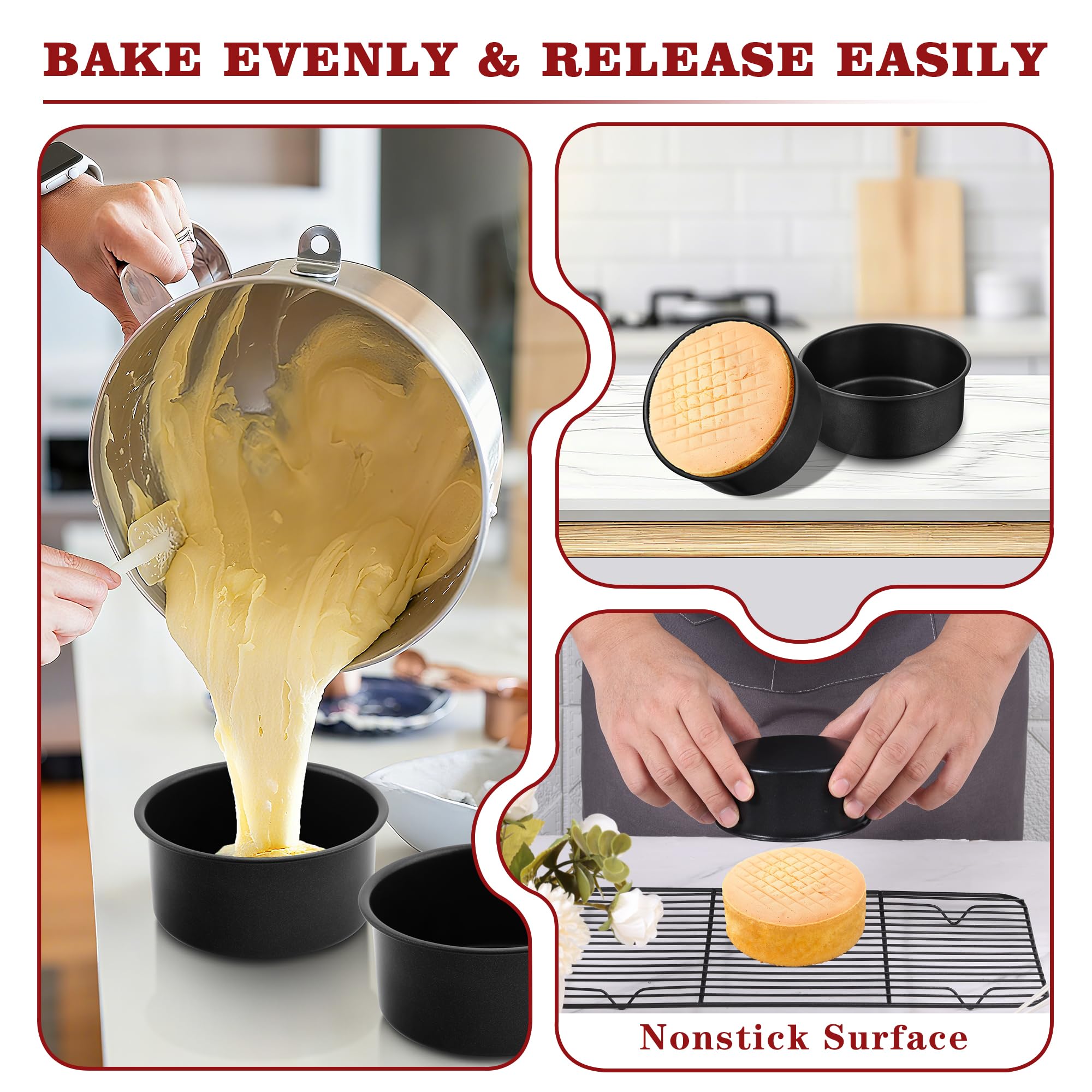 E-far 5 Inch Cake Pan Set of 3, Nonstick Stainless Steel Small Baking Pans Tins, Round Bakeware for Layer Cakes, Stainless Steel Core & Non-Toxic Coating, Straight Side & 2 Inch Deep