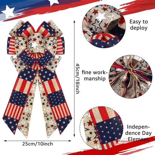 Jutom Patriotic Bow Wreath - Red, White & Blue Star Burlap Bow for 4th of July & Veterans Day | Indoor/Outdoor Decor
