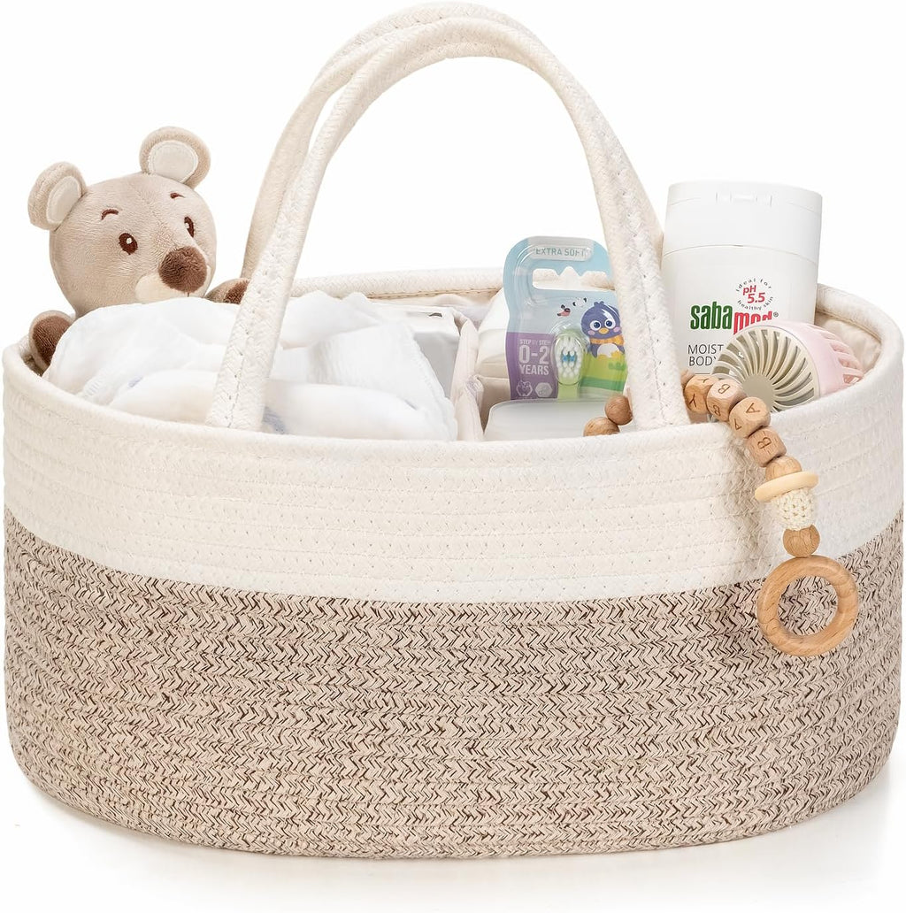 Skiennix Diaper Caddy Organizer - Stylish Baby Storage Basket for Newborn Essentials | Small, White & Beige Brown