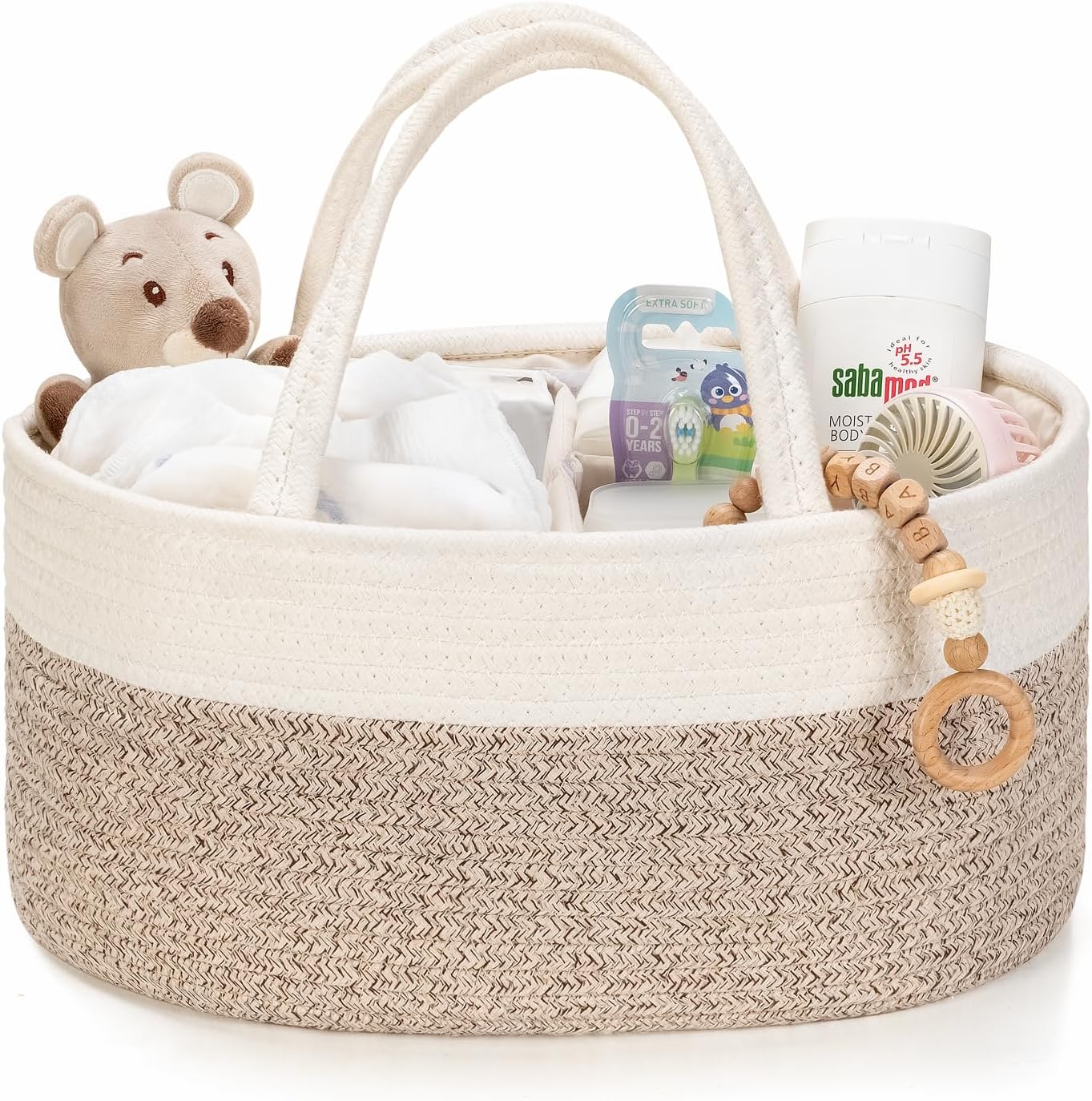 Skiennix Diaper Caddy Organizer - Stylish Baby Storage Basket for Newborn Essentials | Small, White & Beige Brown
