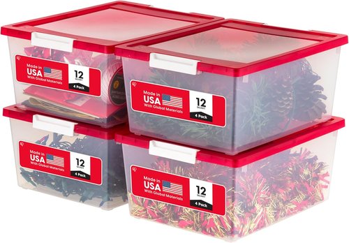 IRIS USA 12 Qt. Plastic Storage Bins - Stackable Organizing Containers with Lids | Clear/Red, 4 Pack