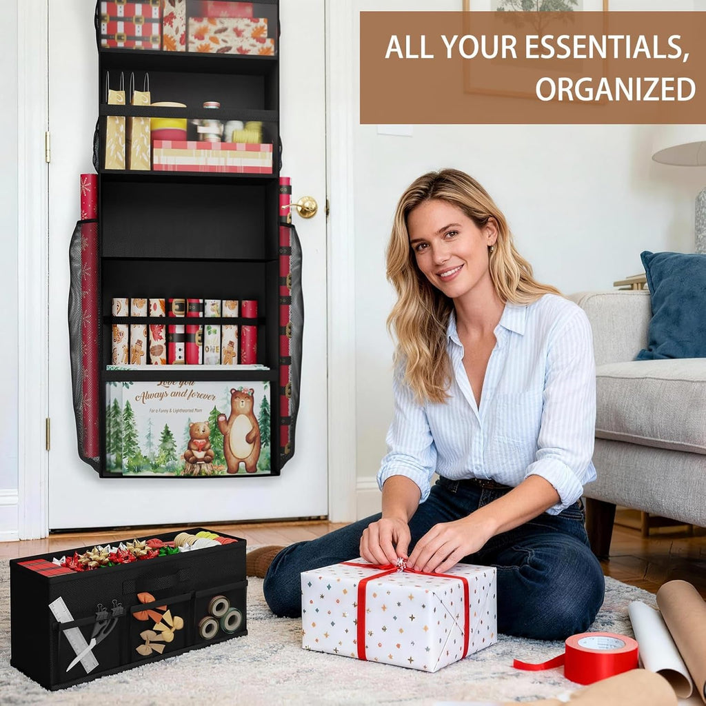 Skiennix Over Door Wrapping Paper Organizer - Multi-Purpose Storage with Removable Drawer & Pockets