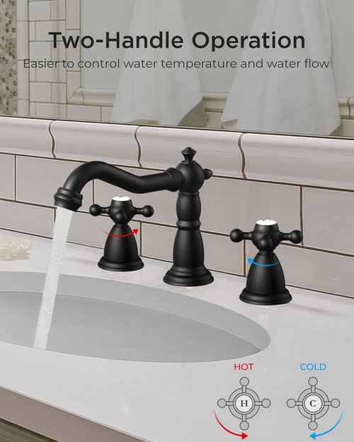 FORIOUS Matte Black Bathroom Faucet - Vintage 3 Hole Widespread Design with Cross Handles & Drain | 8 Inch