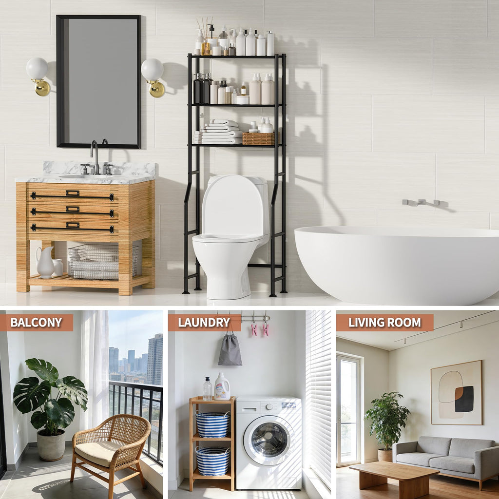 ASCENREST 3-Tier Over The Toilet Storage, Freestanding Metal Bathroom Shelves, Space Saver Above The Over Toilet Storage Shelf for Bathroom (Black)