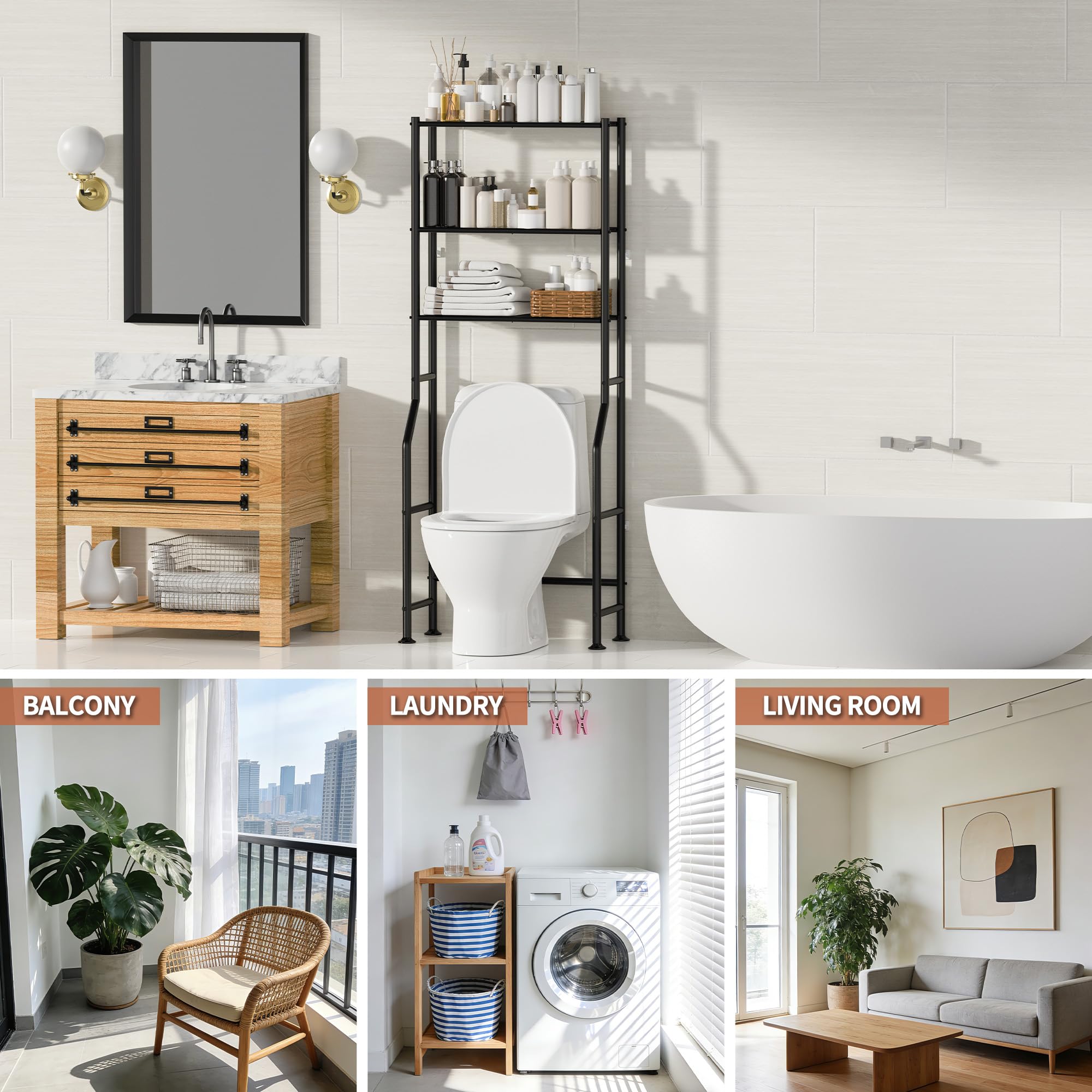 ASCENREST 3-Tier Over The Toilet Storage, Freestanding Metal Bathroom Shelves, Space Saver Above The Over Toilet Storage Shelf for Bathroom (Black)