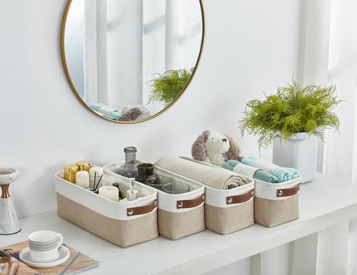 DECOMOMO Narrow Storage Bins - Small Organizing Baskets for Bathroom & Entryway | Beige & White Set of 4