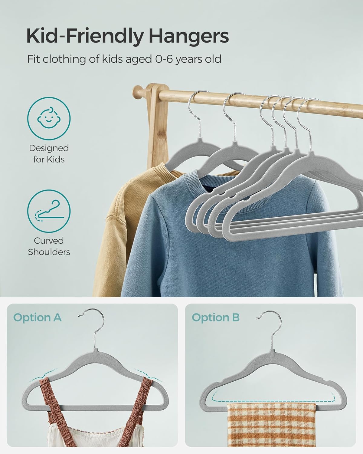 SONGMICS Velvet Baby Kids Hangers - Space-Saving 50 Pack with 360° Swivel Hooks | Dove Gray, 11.8 x 8.1 Inches