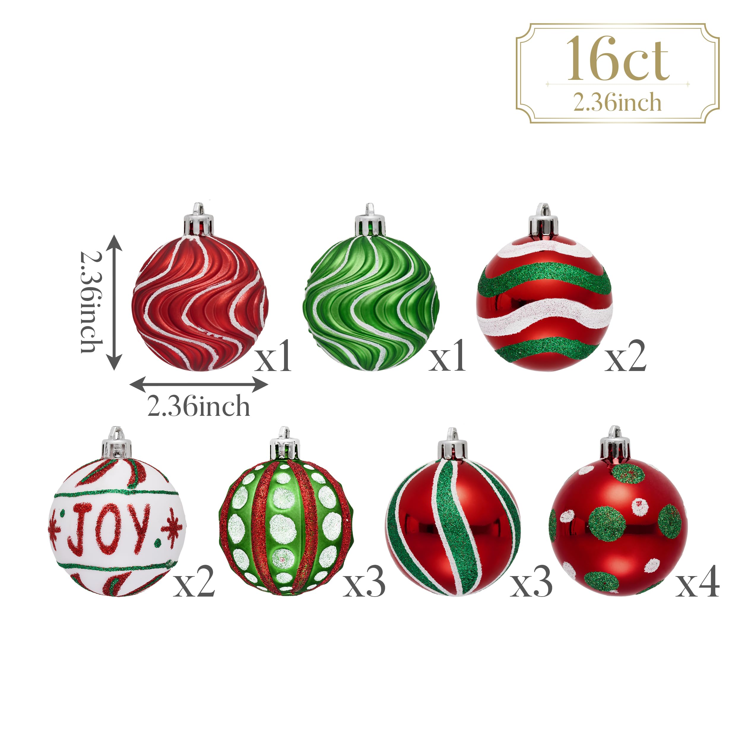 Valery Madelyn Christmas Ornaments Set, 16ct Red Green White Shatterproof Christmas Tree Decorations Ball Ornaments Bulk, 2.36 Inch Hanging Ornaments for Xmas Trees Holiday Party Decor